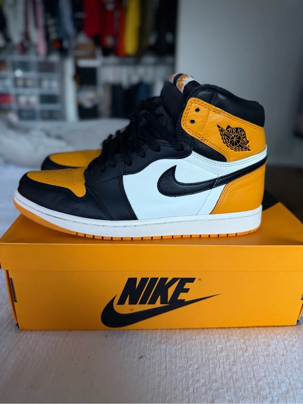Jordan 1 High Taxi Sneakers - White/Black/Yellow 10.5 M